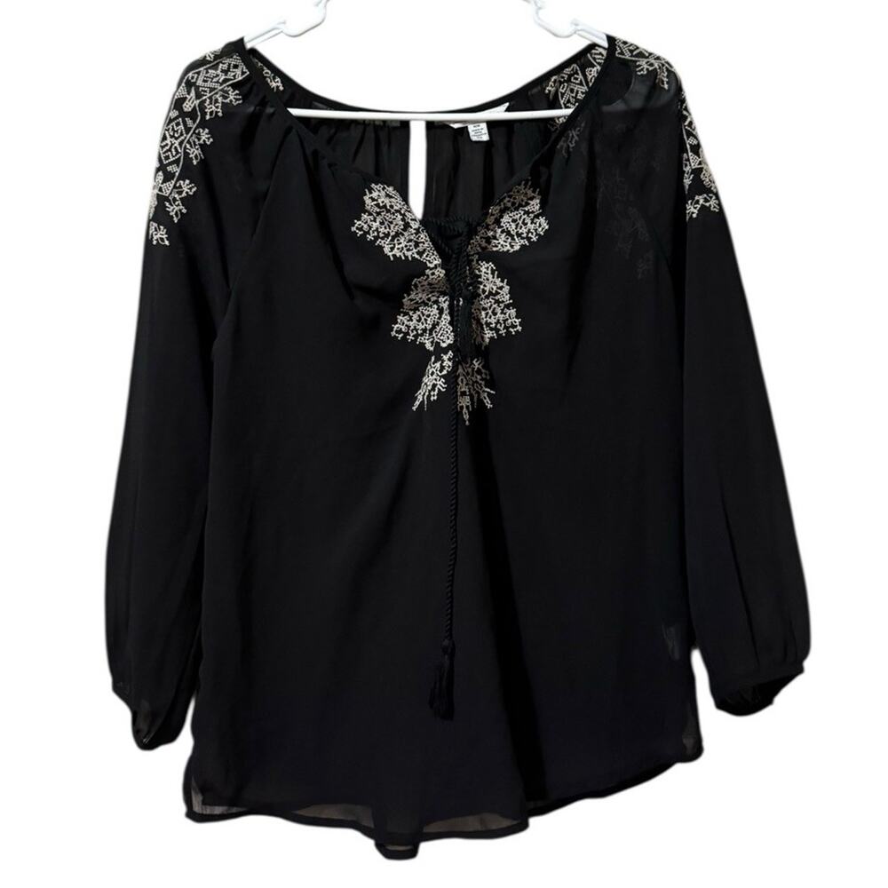American Eagle Peasant Blouse Women Medium Black Embroidered Bohemian Floral Art